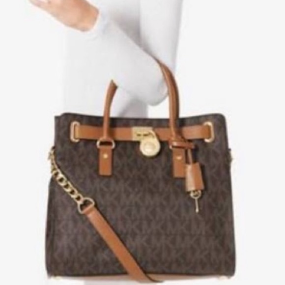 Michael Michael Kors Leather Hamilton Logo Tote Satchel Signature Monogram Bag - Picture 12 of 12